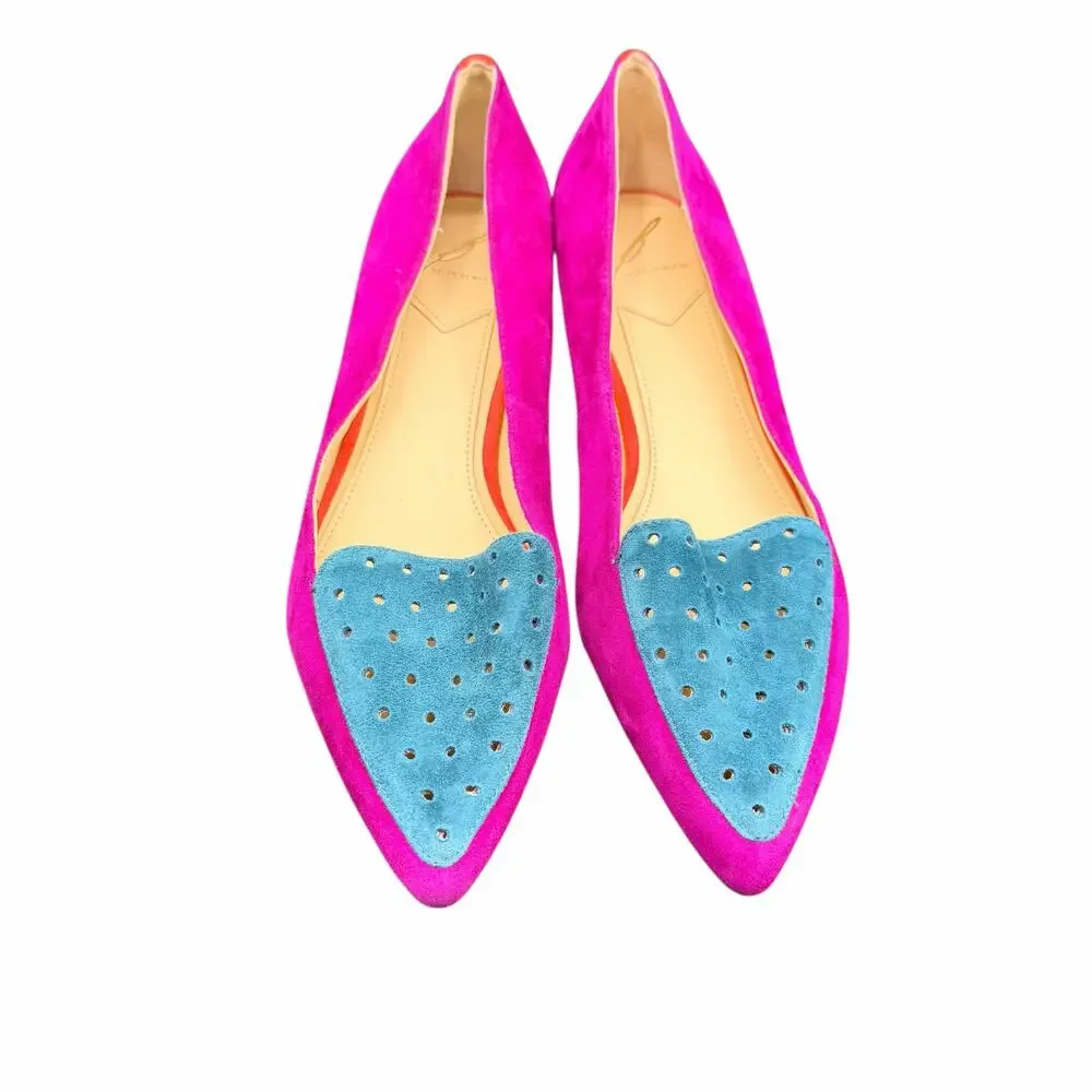 Brian Atwood Suede Flats 9.5 Pink Blue Pointed Toe Colorblock Perforated